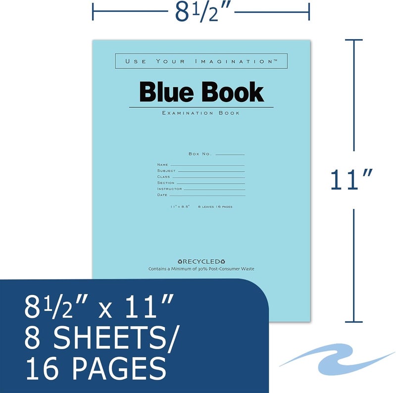 Roaring Spring Recycled Exam Blue Books, 50 School Examination Booklets, 11" x 8.5", 8 Sheets/16 Pages, Wide-Ruled with Margin Student Testbook, Made in USA - Image 2